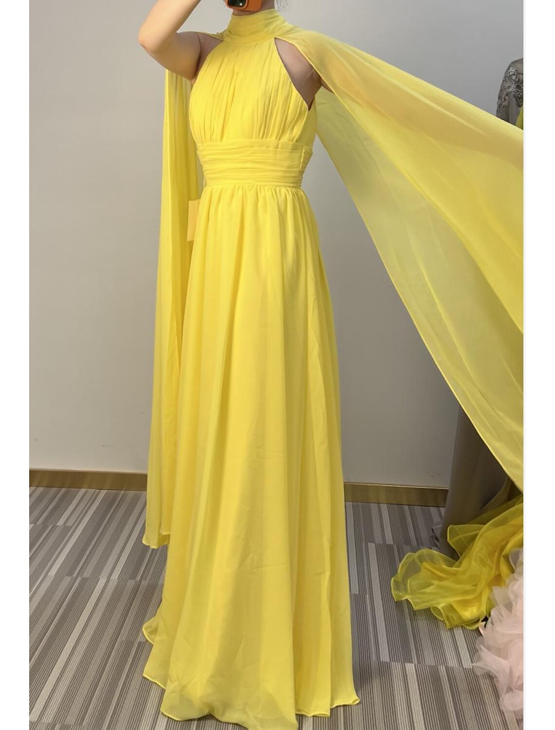 A-Line Evening Gown Elegant Dress Formal Wedding Guest Floor Length Sleeveless High Neck Capes Chiffon with Ruched