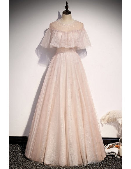 Modest Light Pink Long Prom Dress with Beaded Neckline
