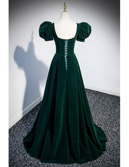 Formal Dark Green Velvet Long Prom Dress with Bubble Sleeves