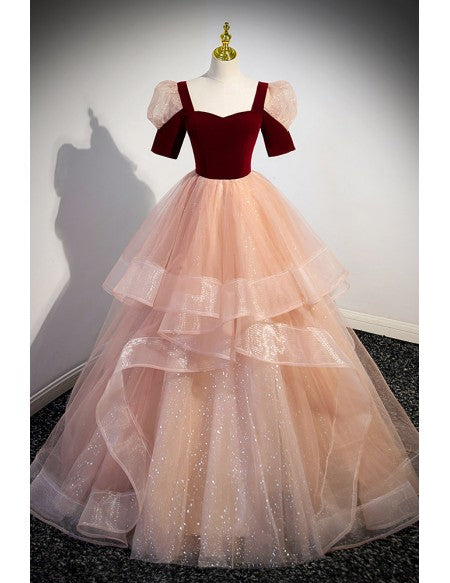 Unique Velvet And Ruffled Bling Tulle Prom Dress with Short Sleeves