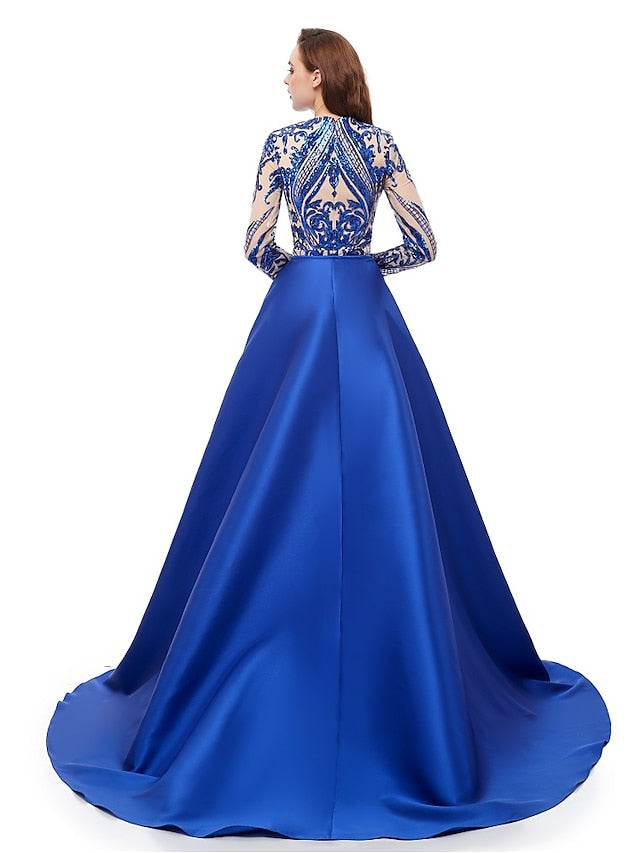 Mermaid Party Dress Evening Gown Luxurious Dress Carnival Wedding Guest Court Train Long Sleeve Jewel Neck Detachable Satin with Sequin Overskirt Pattern / Print