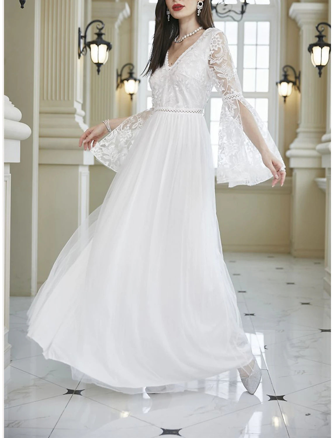 Women's Prom Dress Party Dress Lace Dress Long Dress Maxi Dress White Long Sleeve Pure Color Lace Summer Spring Fall V Neck Party Evening Party Wedding Guest Summer Dress