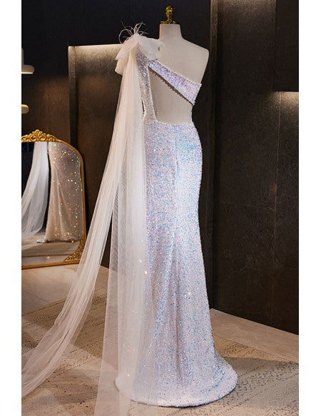 Goddess Bling Sequined Split Front Prom Dress with One Shoulder