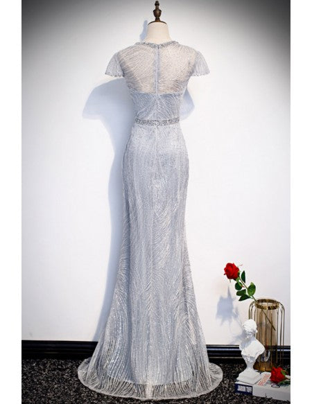 Classy Silver Sequined Mermaid Evening Dress with Keyhole Neckline