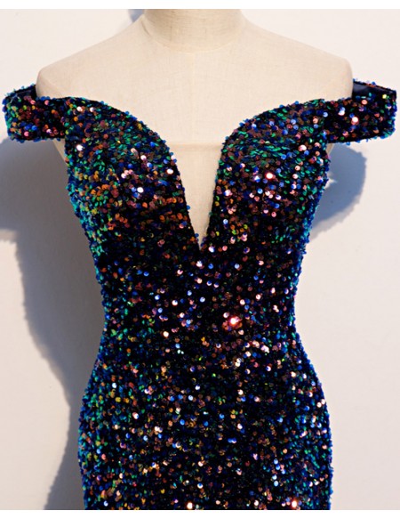 Navy Colorful Sequins Mermaid Prom Dress Off Shoulder