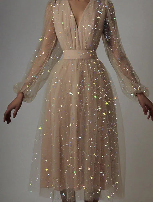 Women's Party Dress Homecoming Dress Holiday Dress Midi Dress Pink Apricot Long Sleeve Pure Color Mesh Summer Spring Fall V Neck Romantic Party Winter Dress Birthday