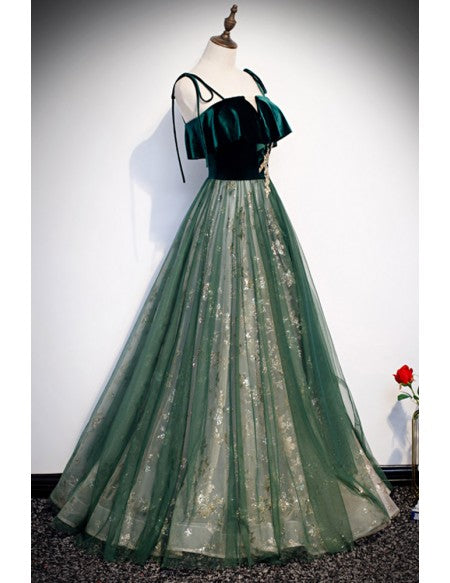 Green Tulle And Sparkly Sequins Long Prom Dress with Straps