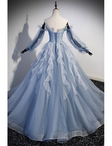 Fantasy Ruffled Blue Tulle Ballgown Prom Dress with Off Shoulder Long Sleeves