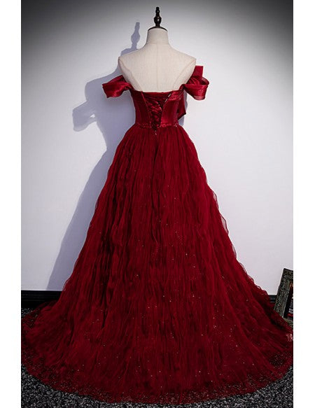 Puffy Long Tulle Prom Dress Off Shoulder with Bow Knot