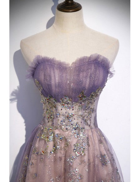 Unique Purple Tulle Prom Dress with Sparkly Sequins