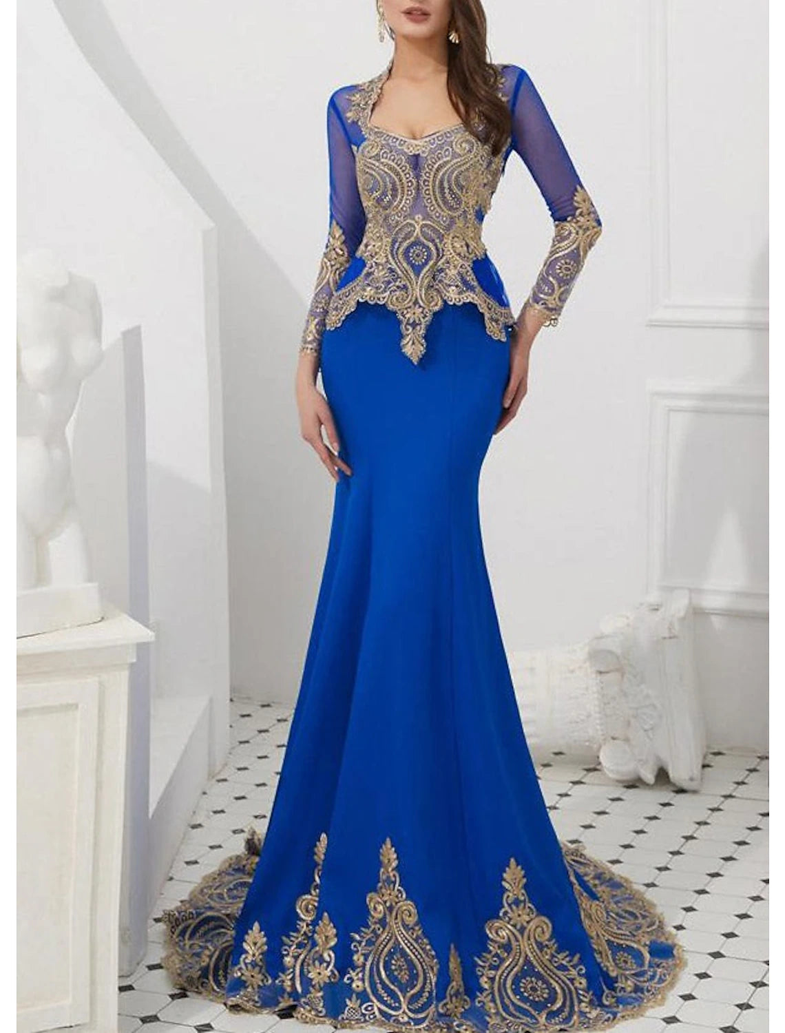 Mermaid Black Dress Evening Gown Black Dress Vintage Halloween Engagement Court Train Long Sleeve High Neck Wednesday Addams Family Satin with Appliques