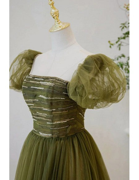 Dusty Green Tulle Aline Prom Dress with Bubble Sleeves