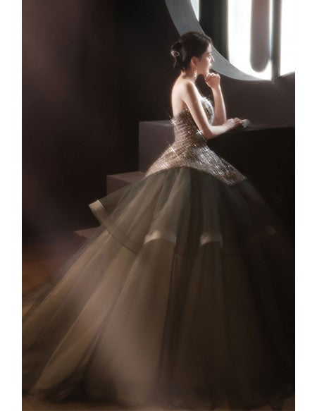 Silver Sequined Ruffled Ballgown Prom Dress with Bling