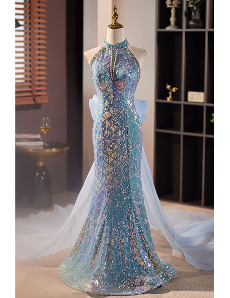 Sparkly Mermaid Long Halter Blue Prom Dress with Big Bow Long Train
