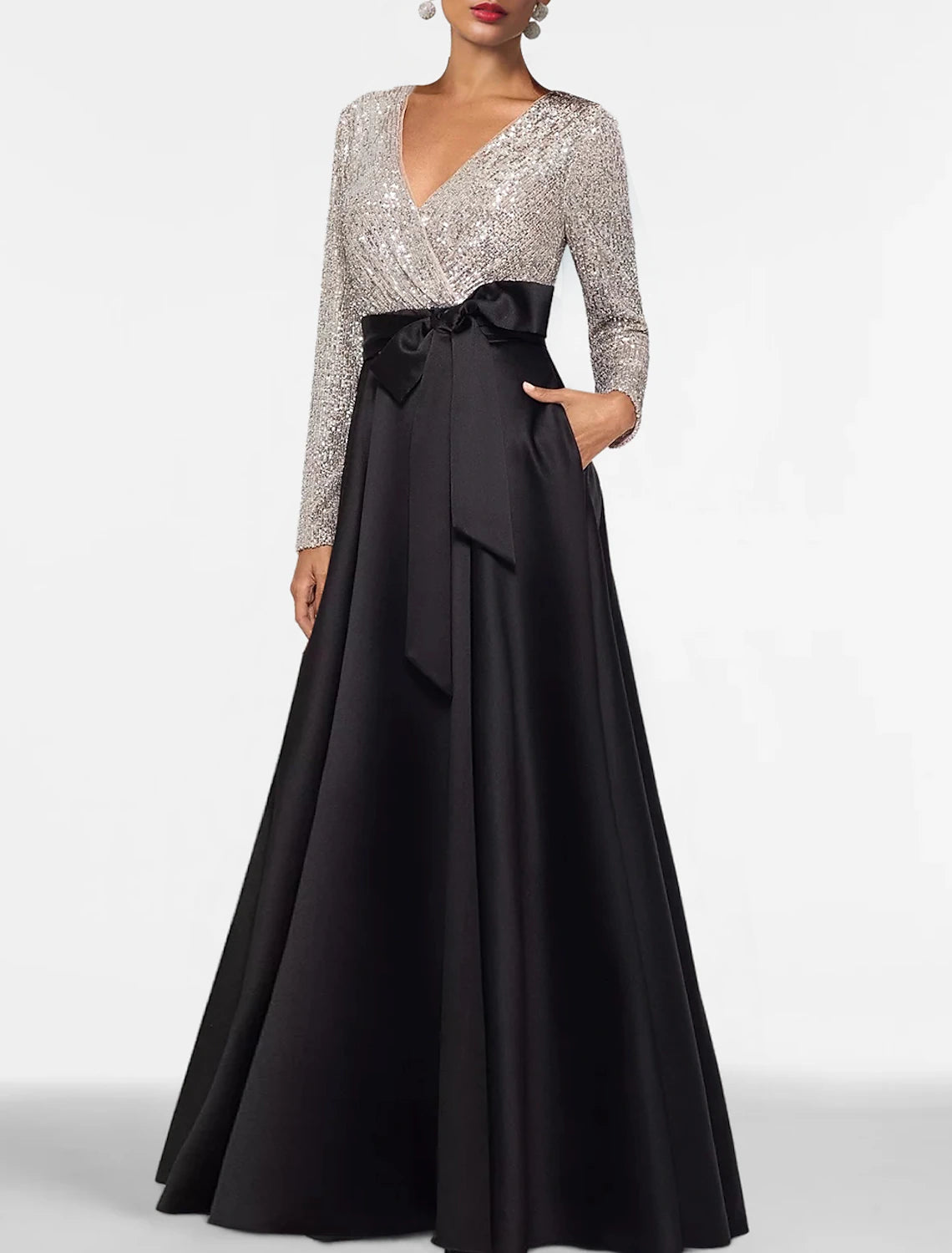 A-Line Evening Gown Elegant Dress Formal Floor Length Long Sleeve V Neck Fall Wedding Guest Satin with Sequin