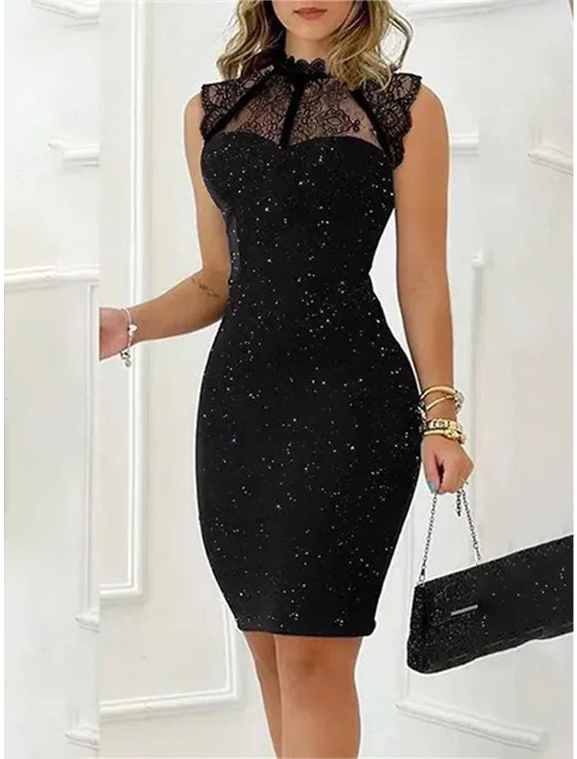 Women's Black Sequin Dress Party Dress Little Black Dress Lace Dress Sparkly Dress Sexy Dress Black Homecoming Dress Mini Dress Sleeveless Sparkly Glitter Fall Crew Neck Fashion
