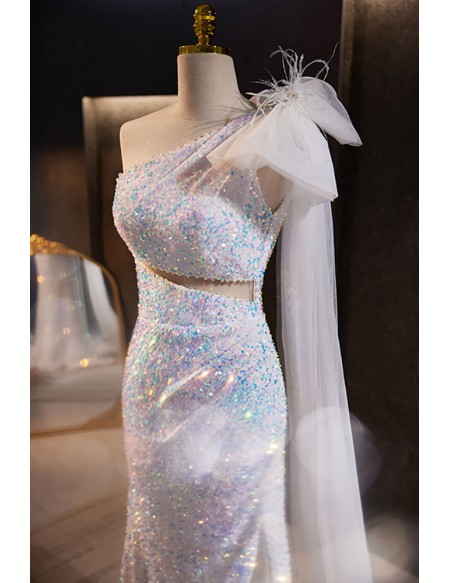 Goddess Bling Sequined Split Front Prom Dress with One Shoulder