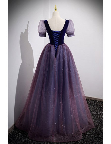 Fantasy Purple Bling Tulle Prom Dress with Bubble Sleeves