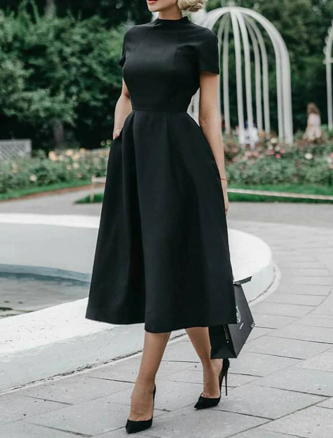 Women's Party Dress Cocktail Dress Work Dress Black Dress Midi Dress White Blue Short Sleeve Pure Color Ruched Summer Spring Fall Stand Collar Vintage Office