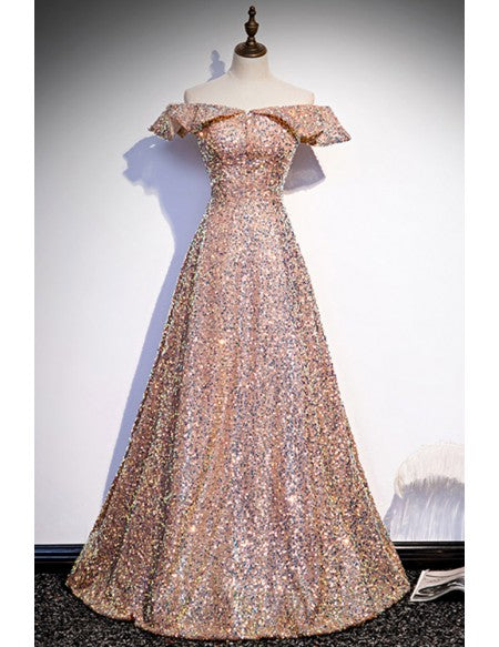 Off Shoulder Champagne Gold Sequined Prom Dress For Parties