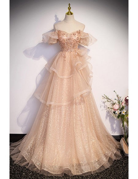 Champagne Tulle with Bling Ruffled Prom Dress with Beadings