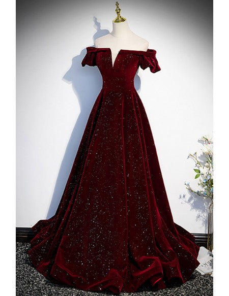Fantasy Bling Burgundy Velvet Off Shoulder Prom Dress