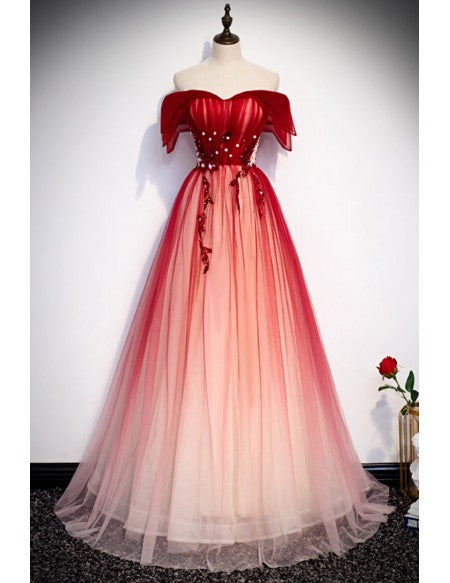 Ombre Red Off Shoulder Tulle Long Prom Dress