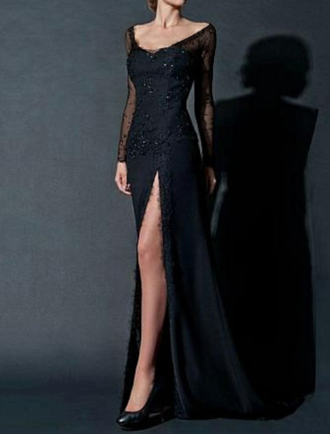 Sheath Party Dress Sexy Engagement Formal Evening Dress Scoop Neck Long Sleeve Floor Length Chiffon with Beading Lace Insert Split Front