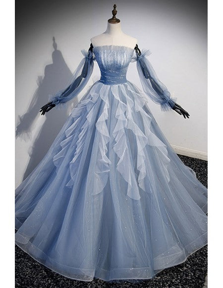 Fantasy Ruffled Blue Tulle Ballgown Prom Dress with Off Shoulder Long Sleeves