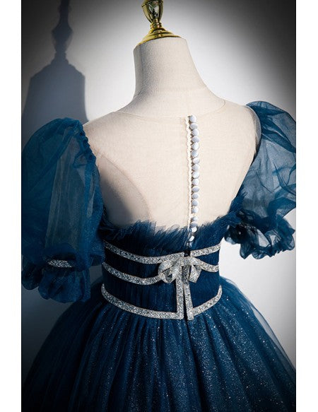 Fantasy Blue Sparkly Bling Prom Dress with Bubble Sleeves