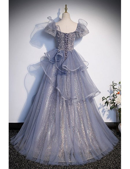 Bling Dusty Purple Ruffled Ballgown Prom Dress with Ruffles