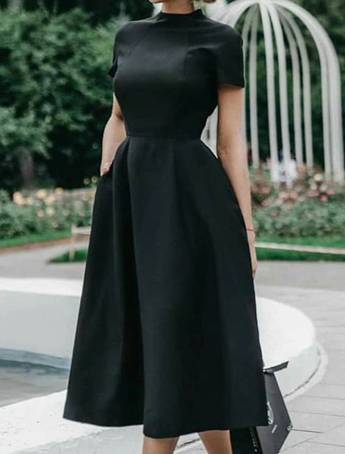 Women's Party Dress Cocktail Dress Work Dress Black Dress Midi Dress White Blue Short Sleeve Pure Color Ruched Summer Spring Fall Stand Collar Vintage Office
