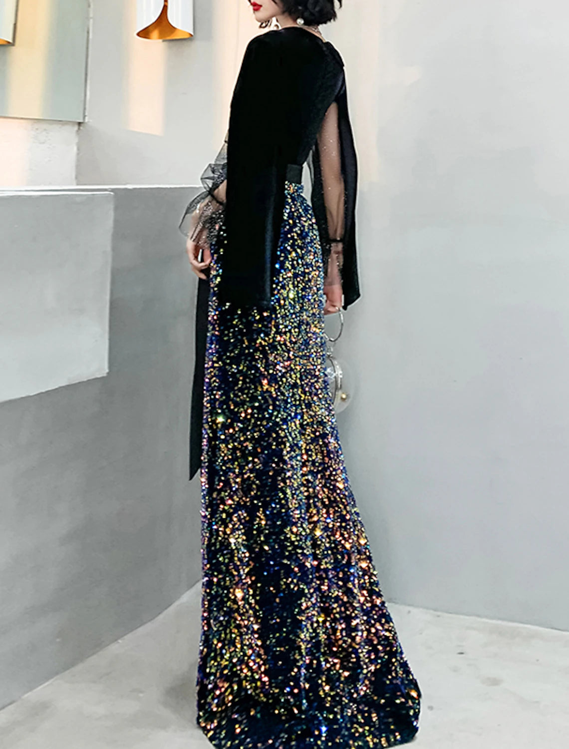 Mermaid / Trumpet Evening Gown Sparkle Dress Wedding Guest Prom Floor Length Long Sleeve V Neck Sequined with Sash / Ribbon Sequin