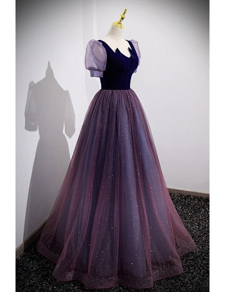 Fantasy Purple Bling Tulle Prom Dress with Bubble Sleeves