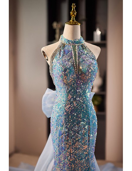 Sparkly Mermaid Long Halter Blue Prom Dress with Big Bow Long Train