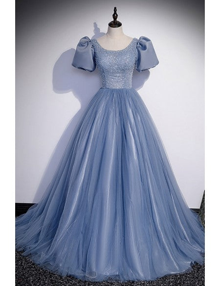 Princess Blue Ballgown Long Tulle Prom Dress with Sequined Top