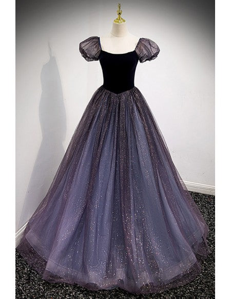 Retro Bubble Sleeves Bling Ballgown Prom Dress with Square Neckline