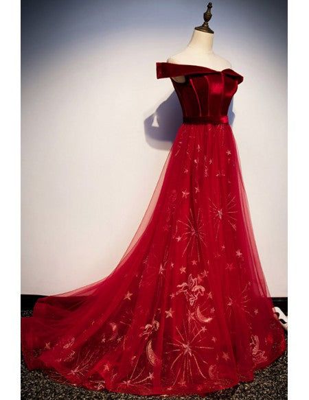 Burgundy Off Shoulder Long Prom Dress with Stars
