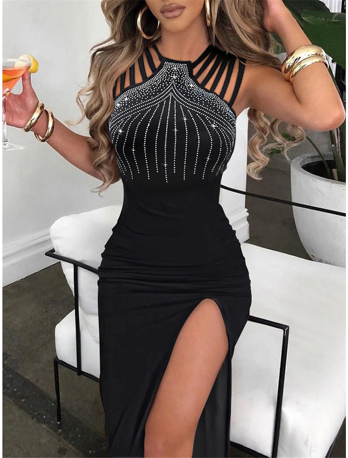 Women's Black Sequin Dress Party Dress Sparkly Dress Little Black Dress Cocktail Dress Black Semi Formal Dress Midi Dress Sleeveless Backless Spring Fall Spaghetti Strap Fashion Evening