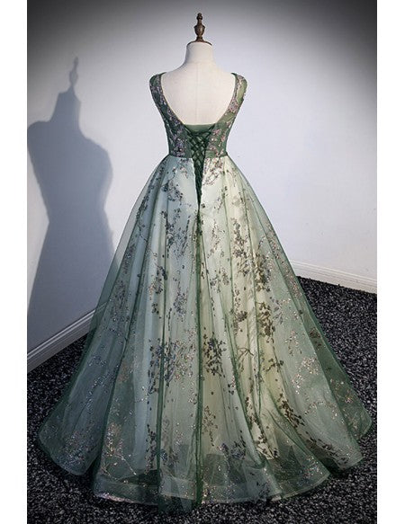Green Tulle Sleeveless Prom Dress with Sparkly Sequins