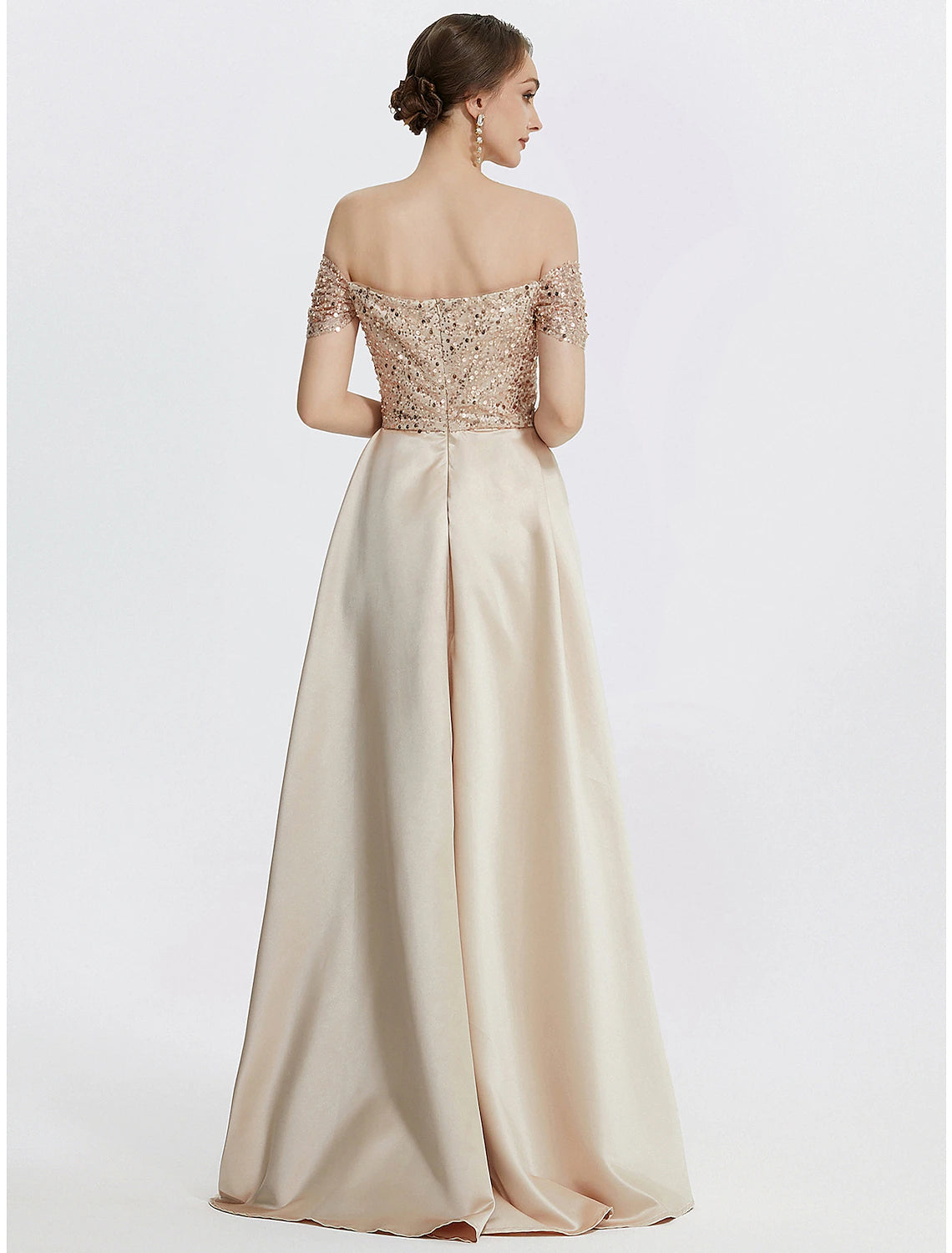 Sheath / Column Evening Gown Elegant Dress Formal Floor Length Short Sleeve Off Shoulder Sequined with Glitter Pleats Slit