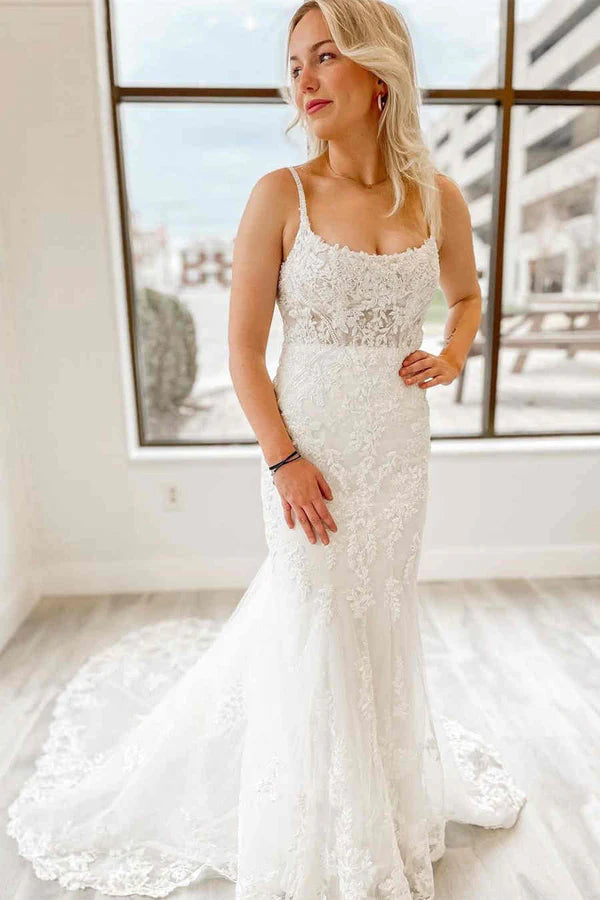 Buyishang White Mermaid Long Bridal Dress with Appliques