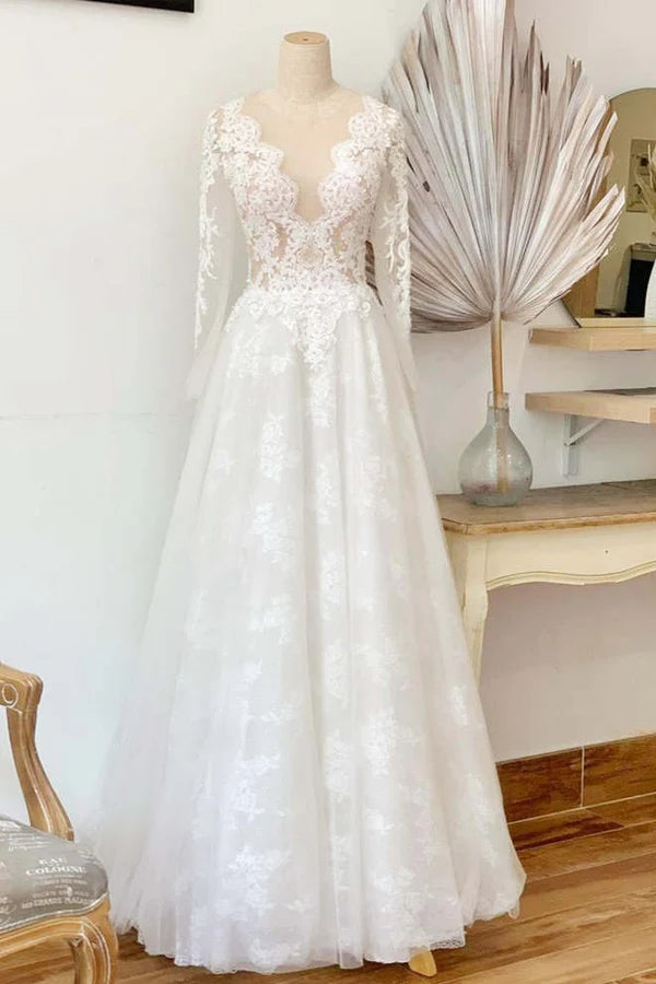 Buyishang A-Line Illusion Crew Neck White Lace Wedding Dress