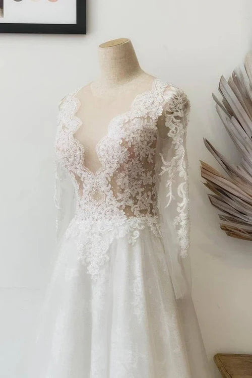 Buyishang A-Line Illusion Crew Neck White Lace Wedding Dress