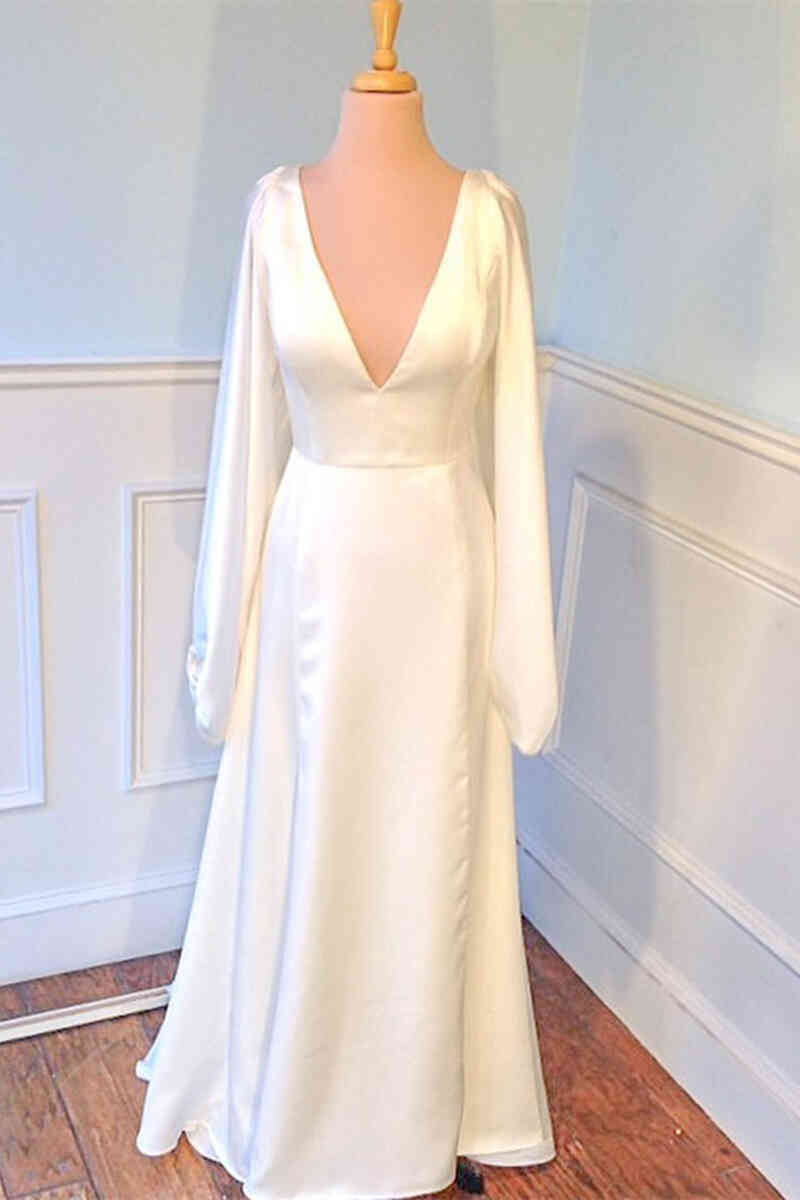 Buyishang Plunging V-Neck Backless Ivory Wedding Dress with Sleeves