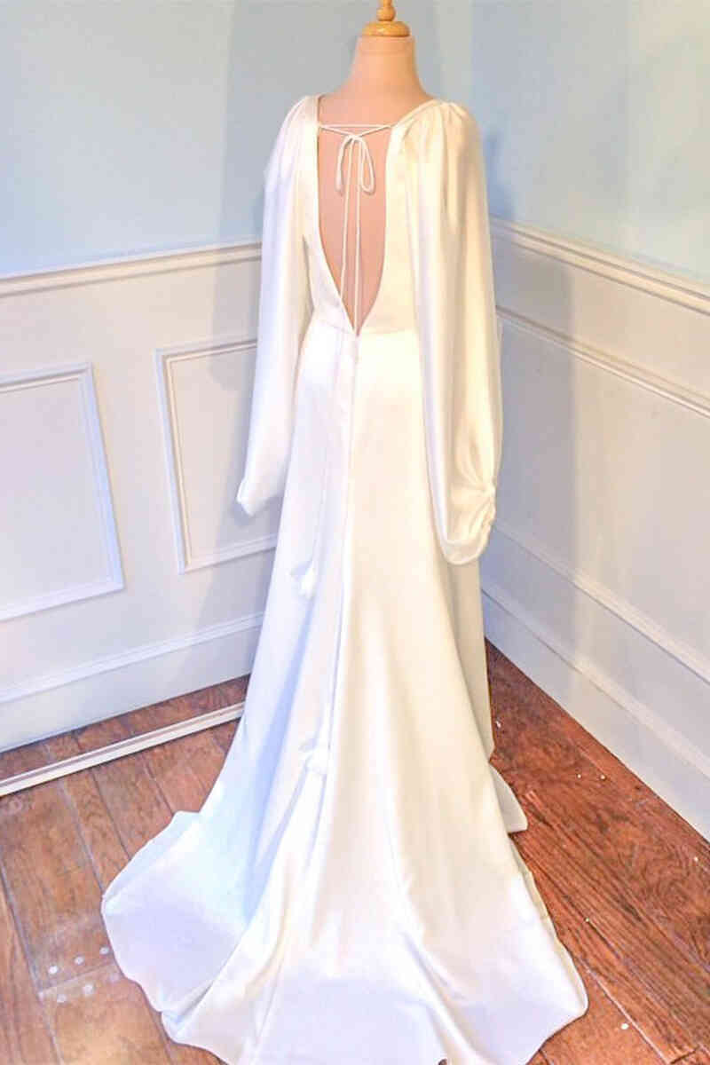 Buyishang Plunging V-Neck Backless Ivory Wedding Dress with Sleeves