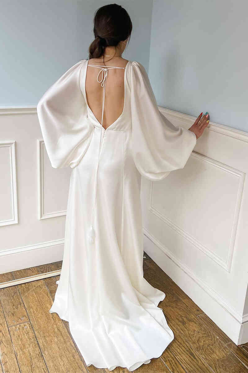 Buyishang Plunging V-Neck Backless Ivory Wedding Dress with Sleeves