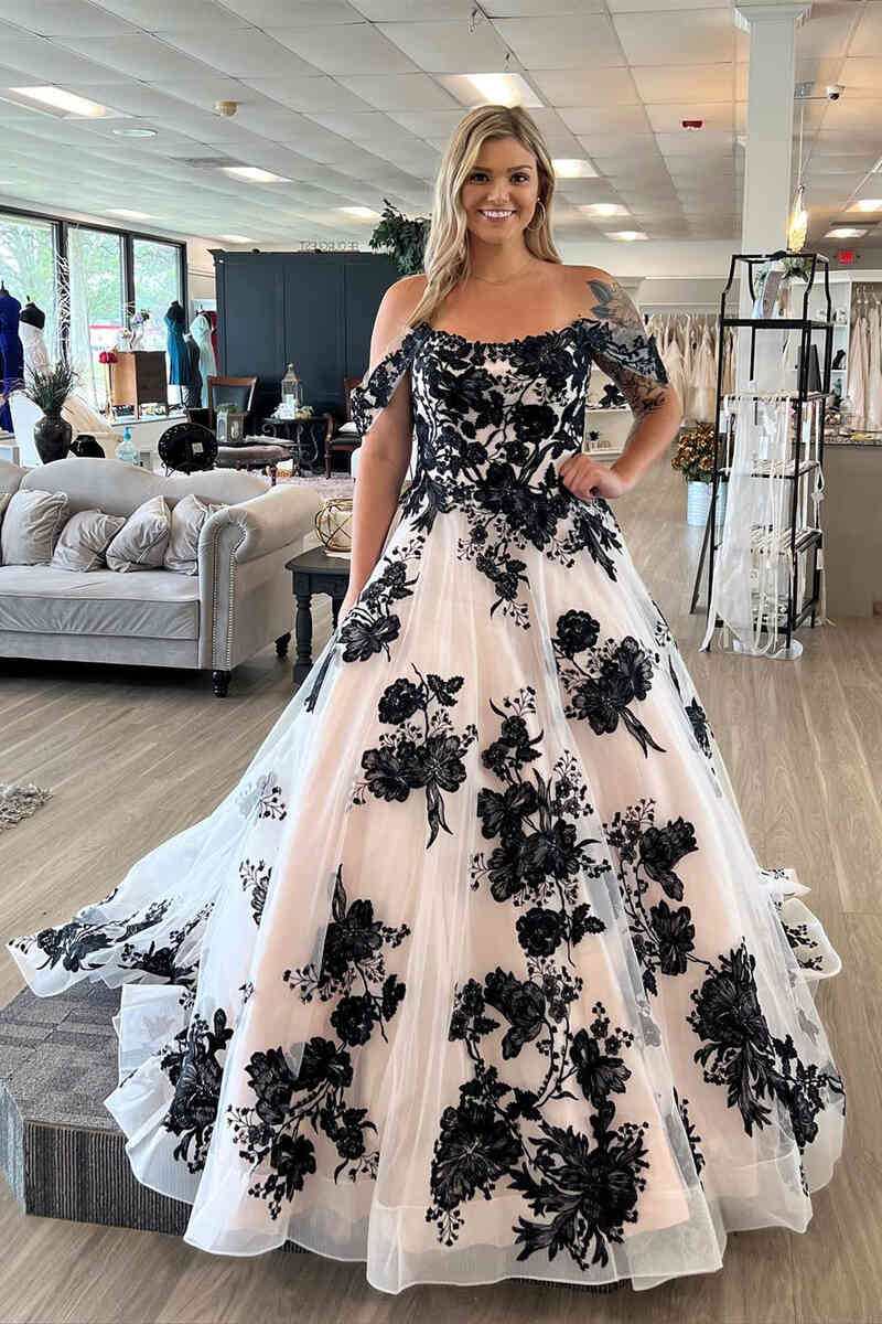 Buyishang Off the Shoulder Tulle Long Wedding Dress with Black Appliques