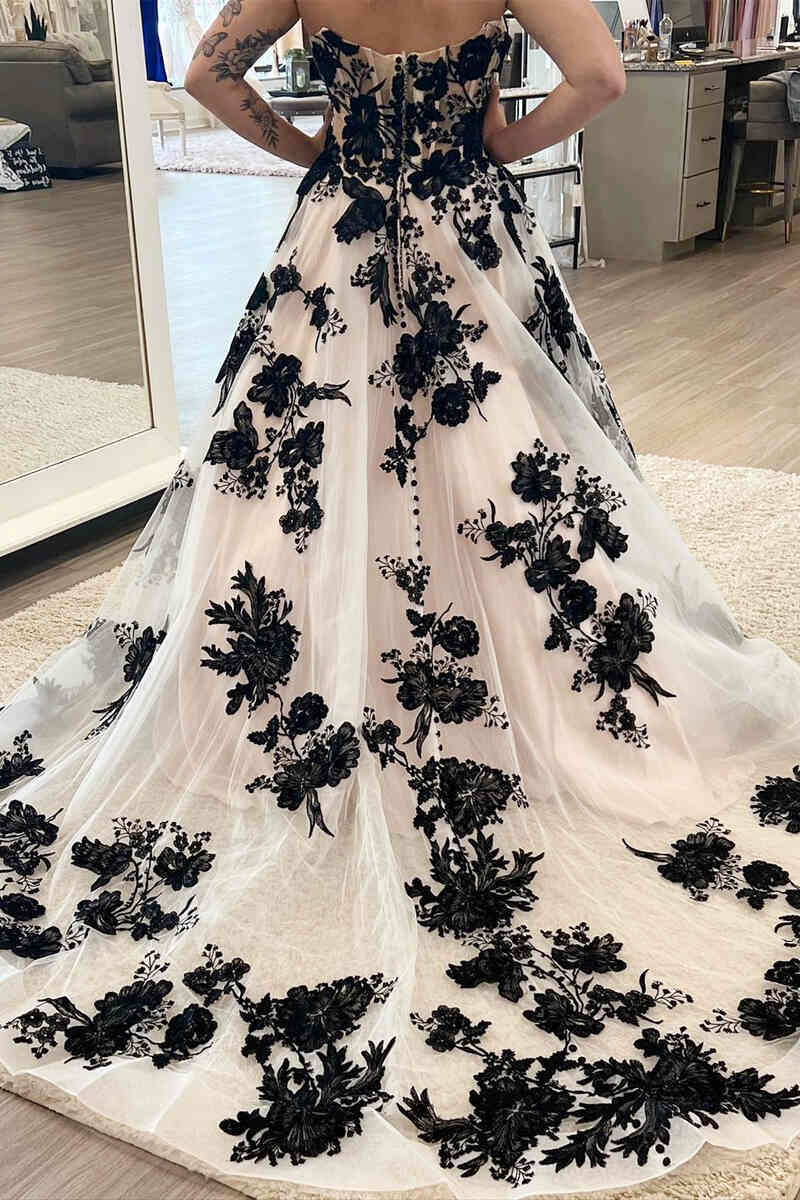 Buyishang Off the Shoulder Tulle Long Wedding Dress with Black Appliques