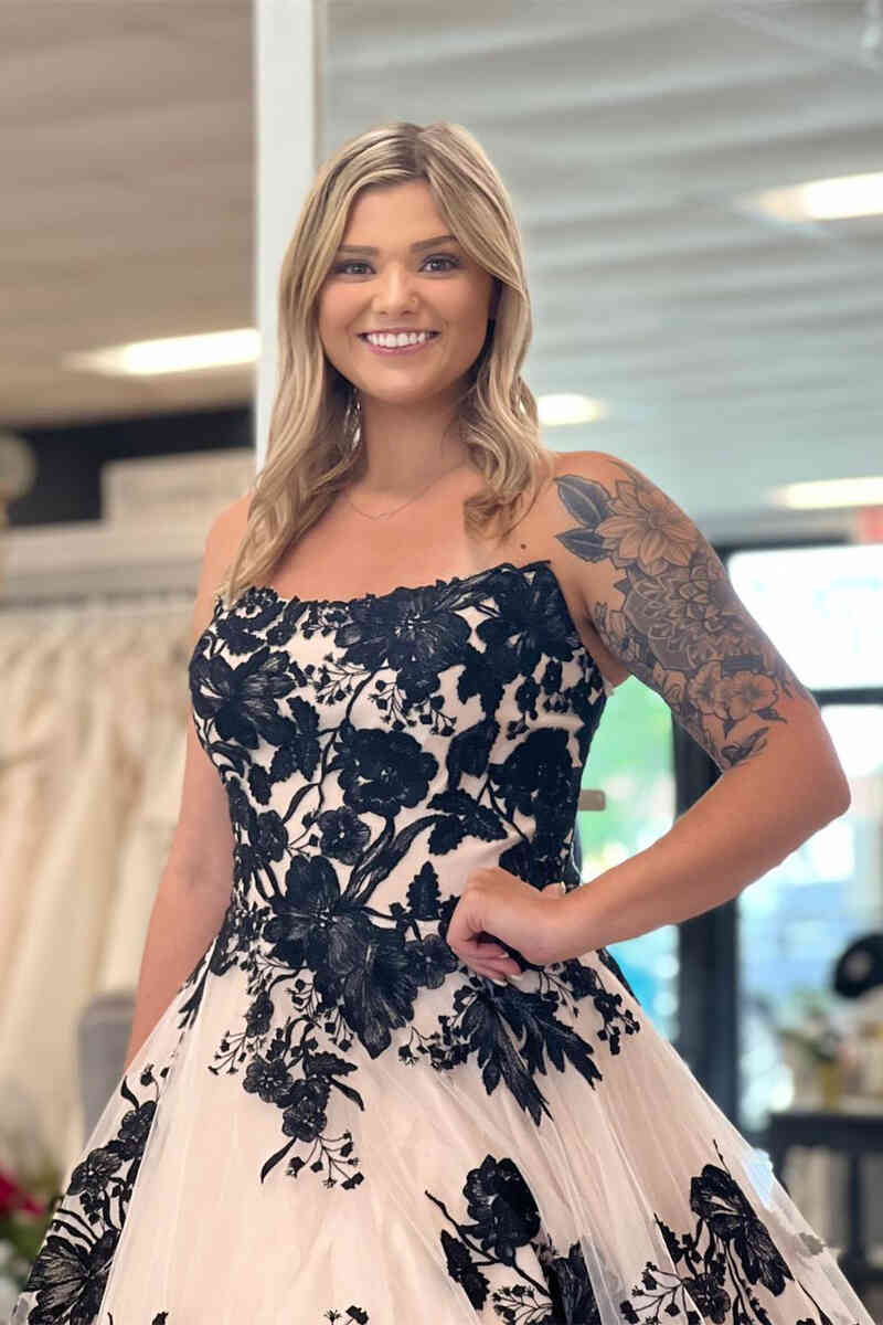 Buyishang Off the Shoulder Tulle Long Wedding Dress with Black Appliques